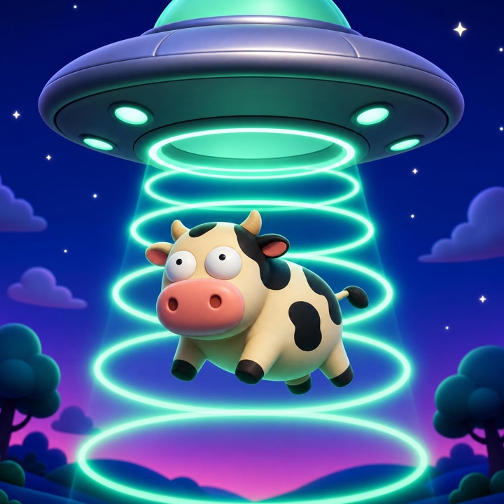 A cartoon cow being beamed up into a UFO on a green tractor beam